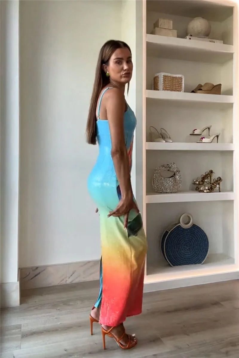 Floral Print Sexy Maxi Dress For Women Spaghetti Strap Sleeveless Backless Bodycon Slipdress Sequins Club Party Dress