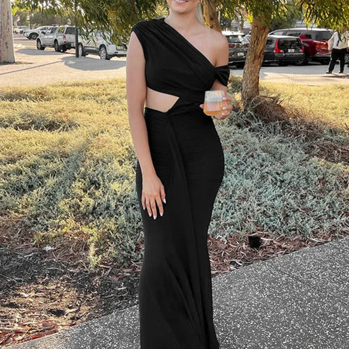 Load image into Gallery viewer, Sexy Sleeveless Hollow Out Pleated Patchwork Maxi Dress For Women High Waist Off-shoulder Slim Club Party Long Dress
