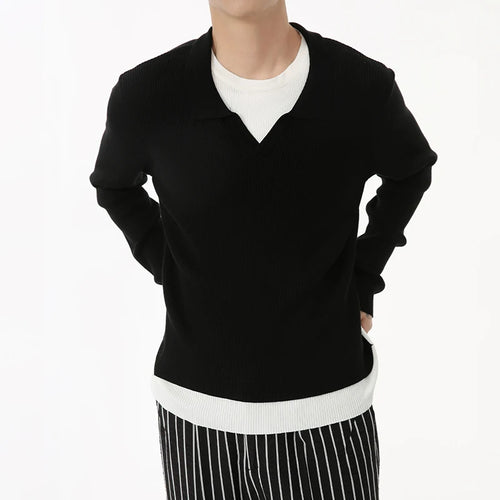 Load image into Gallery viewer, Korean Design Men&#39;s Knits Fake Two-piece Round Collar Contrast Color Casual Male Sweater Stylish Simple Autumn 9C6936
