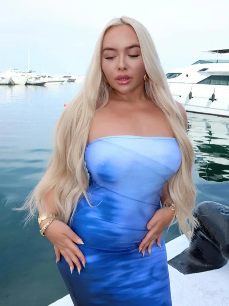 Strapless Print Sexy Midi Dress For Women Fashion Off-shoulder Backless Bodycon Club Party Sexy Long Dress Clubwear