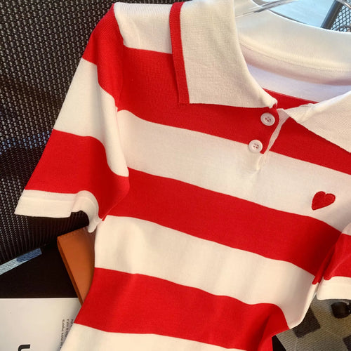 Load image into Gallery viewer, Women Red White Striped Patchwork Knit Mini Dress 2024 New Slim Polo Collar Ladies Short Sleeve Wrapped Hip A-line Dress Fashion
