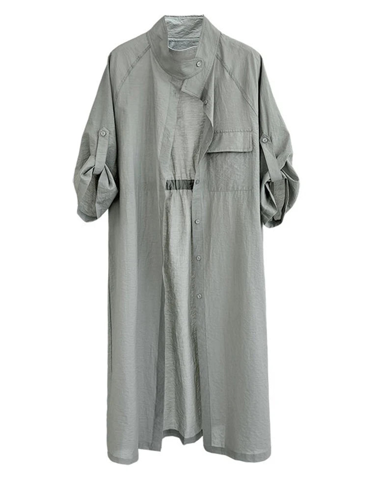 Green Thin Perspective Big Size Long Jacket New Lapel Stand Collar Sleeve Women Coat Fashion Spring Autumn 2025 1DJ1285