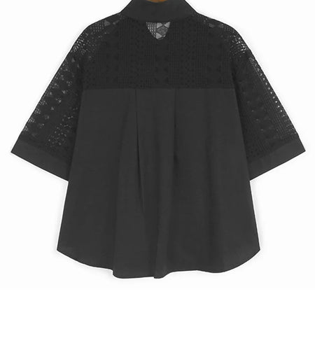 Women Black Lace Hollow Out Big Size Elegant Blouse New Lapel Half Sleeve Shirt Fashion Tide Spring Summer 2025 1DJ1110