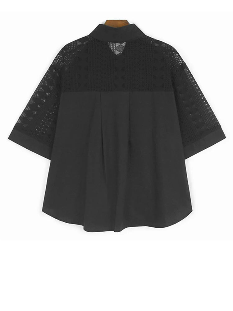 Women Black Lace Hollow Out Big Size Elegant Blouse New Lapel Half Sleeve Shirt Fashion Tide Spring Summer 2025 1DJ1110
