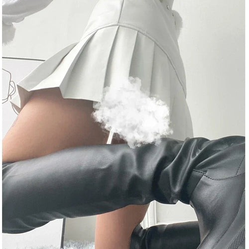 Load image into Gallery viewer, Spring Summer Sexy Retro White Black Pu Leather Mini Pleated Skirt Women Zipper Rivet Side Slit Short Designer Clothes
