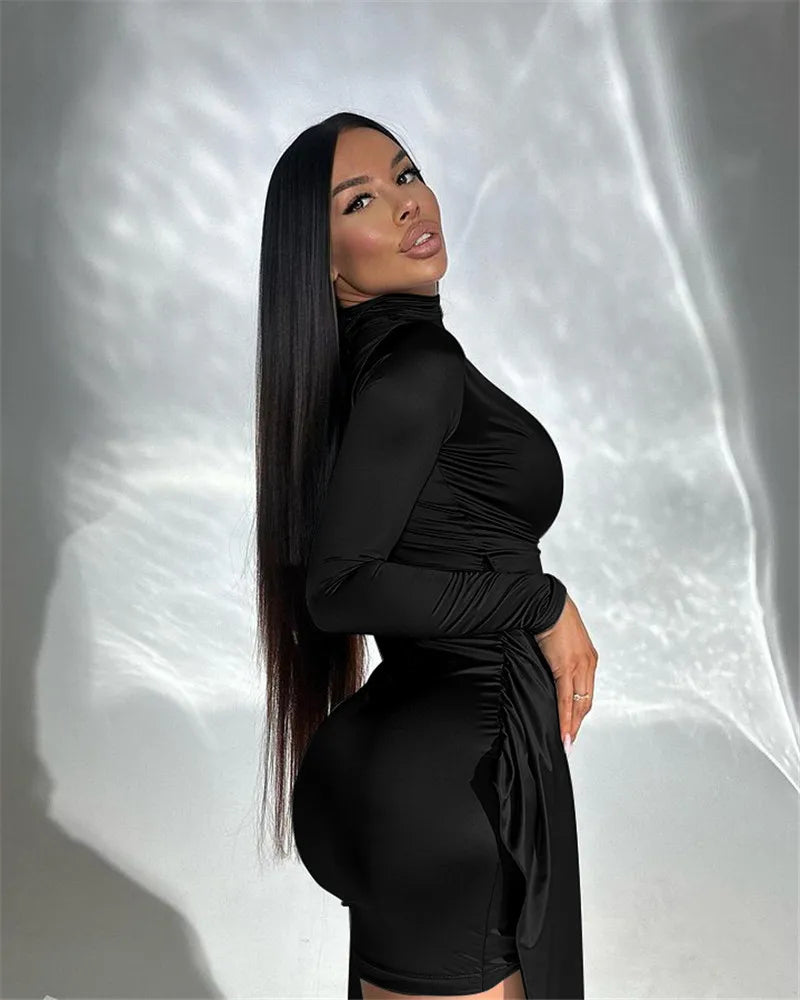 Irregular Sexy Mini Dress For Women Low Cut Long Sleeve Ruched Bodycon Dress Femme Elegant Club Party Sexy Dress New
