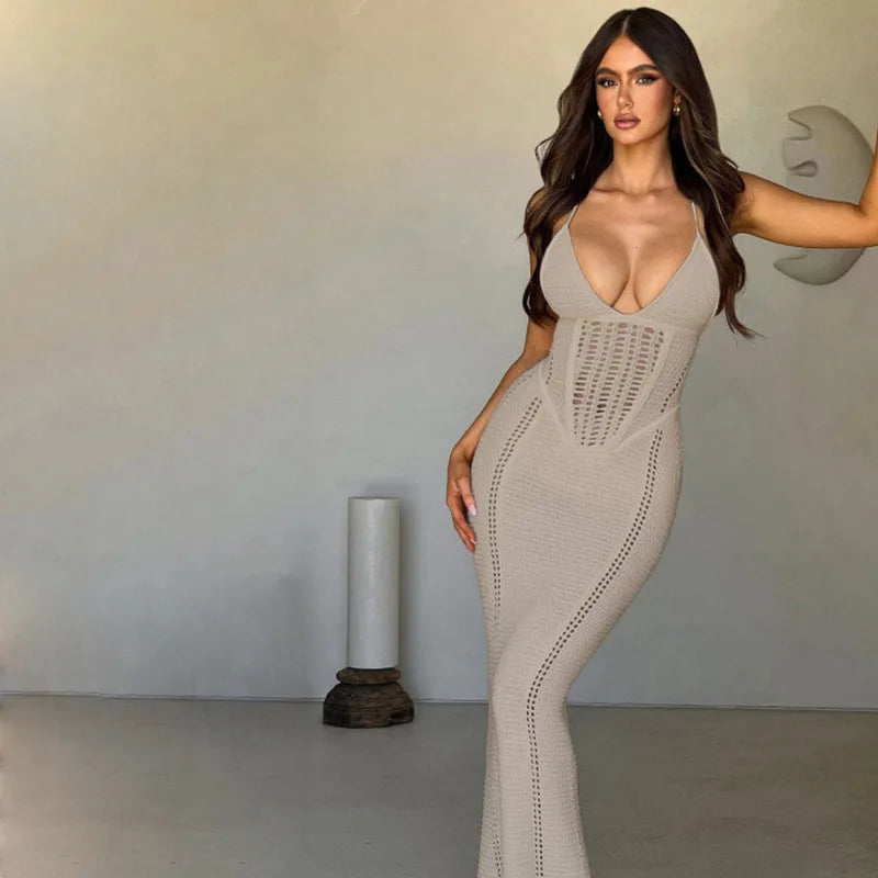 Hollow Out Backless Knit Dress For Women Spaghetti Strap Bandage Sleeveless Bodycon Club Party Sexy Long Dress Elegant