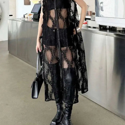 Load image into Gallery viewer, Women White Lace Perspective Ruffles Big Size Shirt Dress New Lapel Sleeveless Fashion Tide Spring Summer 2025 1DH6069
