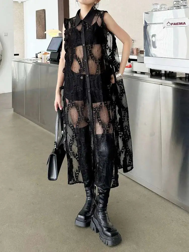 Women White Lace Perspective Ruffles Big Size Shirt Dress New Lapel Sleeveless Fashion Tide Spring Summer 2025 1DH6069