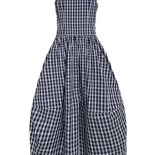Load image into Gallery viewer, Women Dark Blue Plaid Pocket Vintage Long Elegant Vest Dress New V-Neck Sleeveless Fashion Tide Spring Summer 2025 1DJ0667
