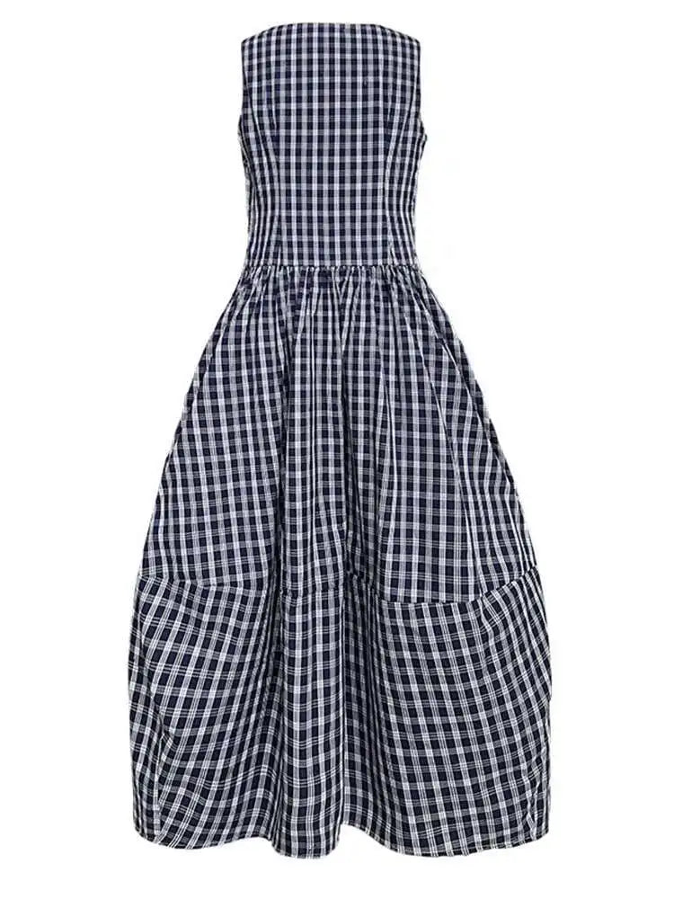 Women Dark Blue Plaid Pocket Vintage Long Elegant Vest Dress New V-Neck Sleeveless Fashion Tide Spring Summer 2025 1DJ0667