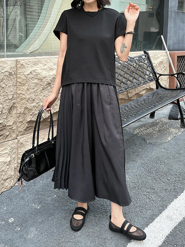 Women Black Irregular Hem Big Size Causal T-shirt New Round Neck Short Sleeve Fashion Tide Spring Summer 2025 1DJ1381