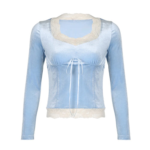 Load image into Gallery viewer, Korean Sweet Blue Velour Autumn T shirt Female Bow Lace Patched Slim Fashion Pullover Coquette Clothes Lolita Top New
