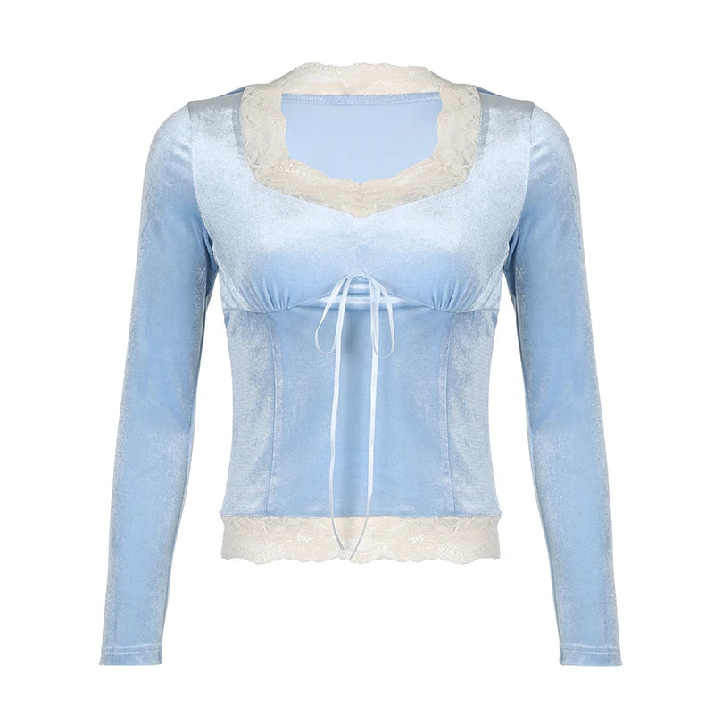 Korean Sweet Blue Velour Autumn T shirt Female Bow Lace Patched Slim Fashion Pullover Coquette Clothes Lolita Top New