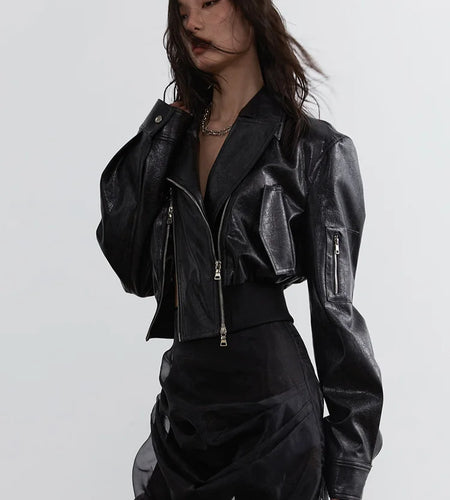 Black Pu Leather Zipper Slit Irregular Jacket New Lapel Long Sleeve Women Coat Fashion Tide Spring Autumn 2025 1DH4723