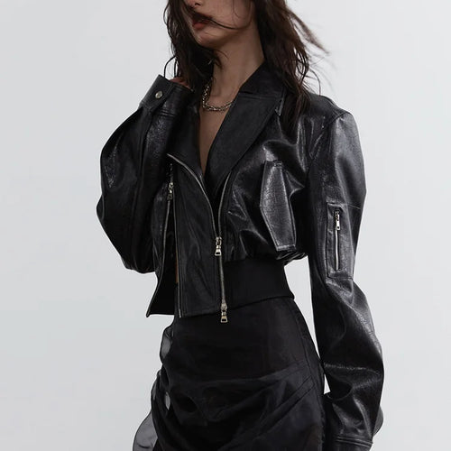 Load image into Gallery viewer, Black Pu Leather Zipper Slit Irregular Jacket New Lapel Long Sleeve Women Coat Fashion Tide Spring Autumn 2025 1DH4723
