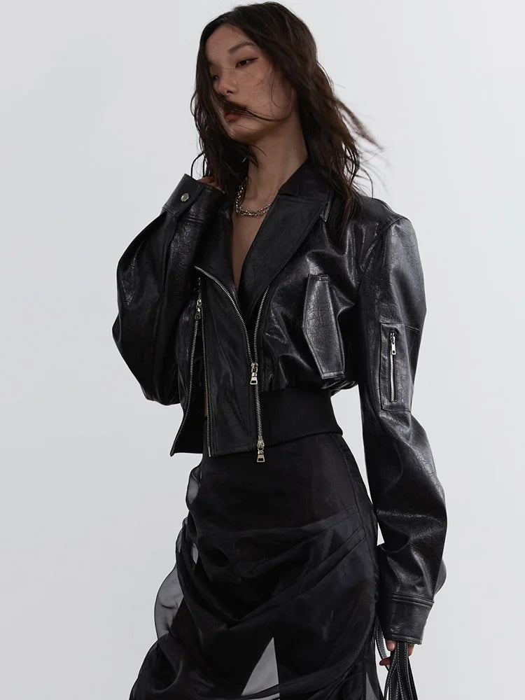 Black Pu Leather Zipper Slit Irregular Jacket New Lapel Long Sleeve Women Coat Fashion Tide Spring Autumn 2025 1DH4723