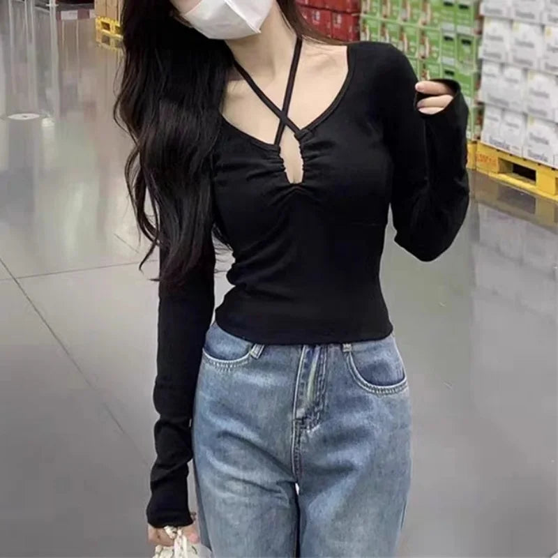 y2k Tops Women Aesthetic Clothing Solid Color V Neck Long Sleeve Cropped T Shirts 2000s Coquette Clothes Streetwear