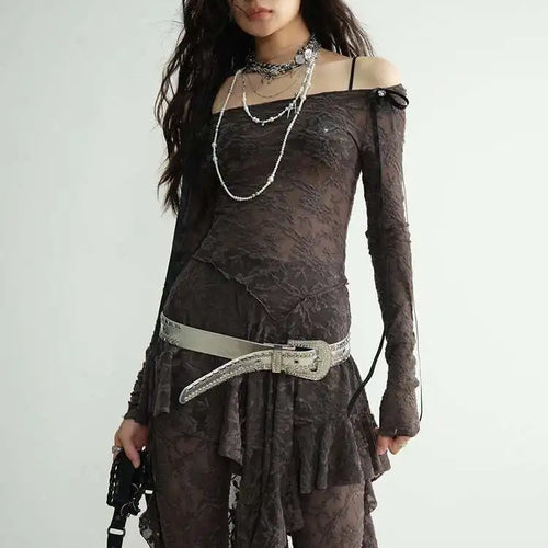 Load image into Gallery viewer, Gray Lace T-shirt Wide Leg Pants Two Piece Suit New Slash Neck Long Sleeve Women Fashion Tide Spring Autumn 2025 1DH8267
