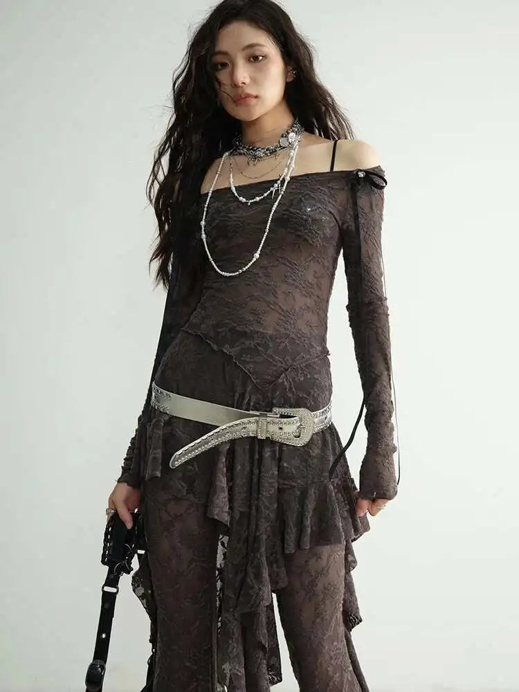 Gray Lace T-shirt Wide Leg Pants Two Piece Suit New Slash Neck Long Sleeve Women Fashion Tide Spring Autumn 2025 1DH8267