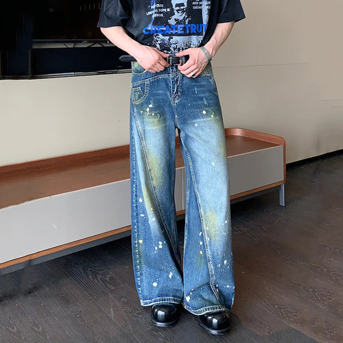 Load image into Gallery viewer, Niche Design Men&#39;s Denim Pants Worn-out Splash-ink Patchwork Straight Trousers Wide Leg Loose Male Jeans Autumn Tide 9C6864
