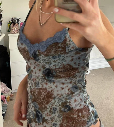 Vinatage Lace Patchwork Floral Printing Camis Women's Summer Slimming Mini Cropped Top Fashion Strap Sexy Clothes New