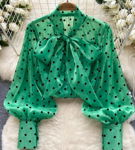 Autumn Women's Vintage Festival Polka Dots Single Breasted Shirt Elegant Sweet Bow Long Sleeve Loose Office Ladies Blouses Tops
