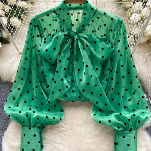 Load image into Gallery viewer, Autumn Women's Vintage Festival Polka Dots Single Breasted Shirt Elegant Sweet Bow Long Sleeve Loose Office Ladies Blouses Tops
