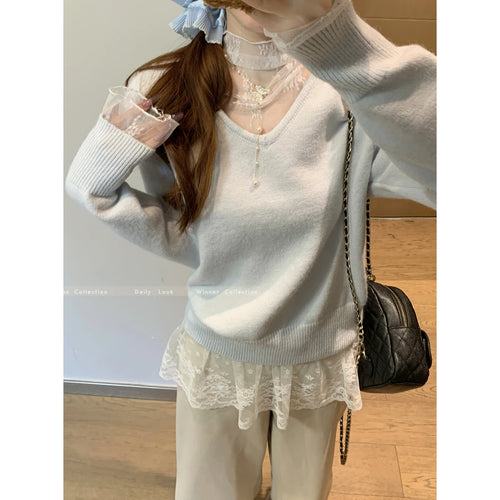 Load image into Gallery viewer, Autumn Winter New Solid Patchwork Lace Long Sleeved Knit Sweater Vintage Elegant Festival Half High Neck Pullover Slim Top Women
