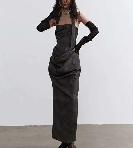 Women Gray Shaped Pleated Pu Leather Long Elegant Strapless Dress New Sleeveless Fashion Tide Spring Autumn 2025 1DH4724