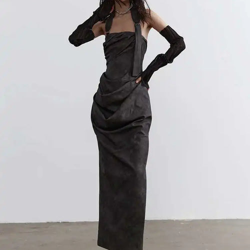 Load image into Gallery viewer, Women Gray Shaped Pleated Pu Leather Long Elegant Strapless Dress New Sleeveless Fashion Tide Spring Autumn 2025 1DH4724
