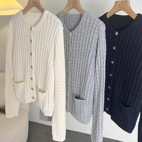 Load image into Gallery viewer, Women Knit Sweater Cardigan With Pockets Early Autumn Lady Long Sleeve Elegant O-neck Retro Short Knitwear Top C-145
