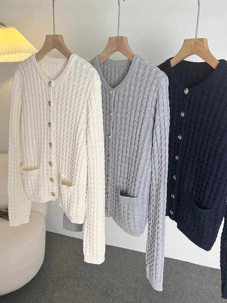 Women Knit Sweater Cardigan With Pockets Early Autumn Lady Long Sleeve Elegant O-neck Retro Short Knitwear Top C-145