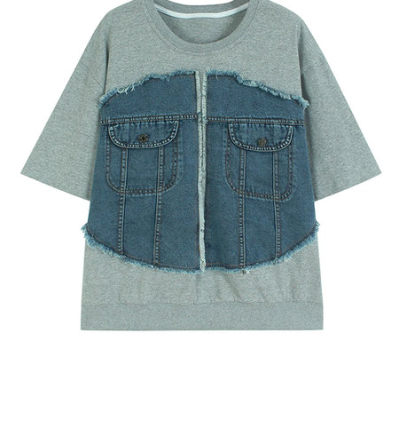 Women Gray Denim Burr Spliced Big Size Casual T-shirt New Round Neck Short Sleeve Fashion Tide Spring Summer 2025 1DJ1232