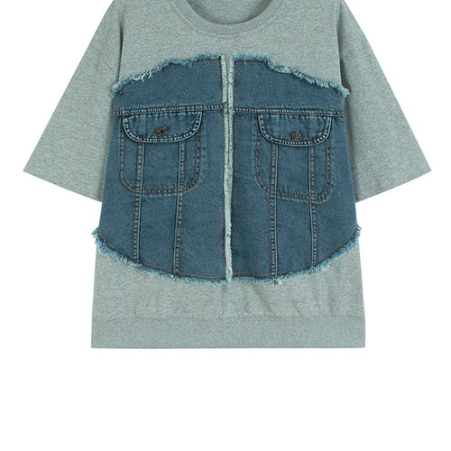 Load image into Gallery viewer, Women Gray Denim Burr Spliced Big Size Casual T-shirt New Round Neck Short Sleeve Fashion Tide Spring Summer 2025 1DJ1232
