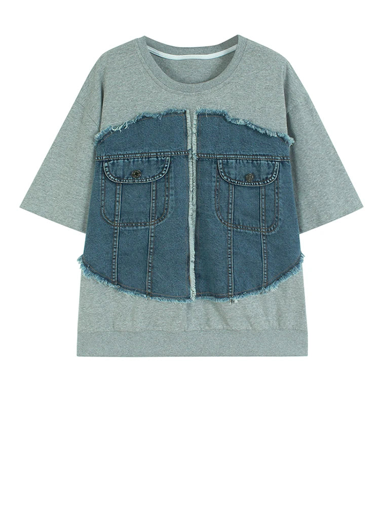 Women Gray Denim Burr Spliced Big Size Casual T-shirt New Round Neck Short Sleeve Fashion Tide Spring Summer 2025 1DJ1232