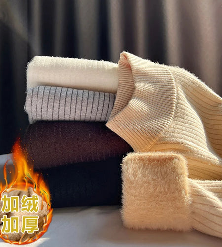 New Solid Basic Half High Collar Long Sleeve Women Velvet Sweater Autumn Winter Slim Thick Pullover Tops Knitwear Versatile Chic