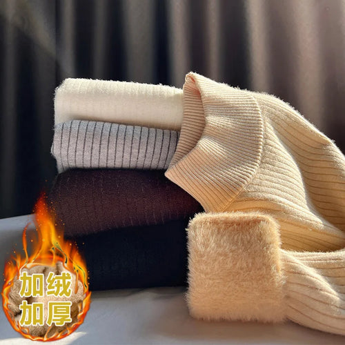 Load image into Gallery viewer, New Solid Basic Half High Collar Long Sleeve Women Velvet Sweater Autumn Winter Slim Thick Pullover Tops Knitwear Versatile Chic
