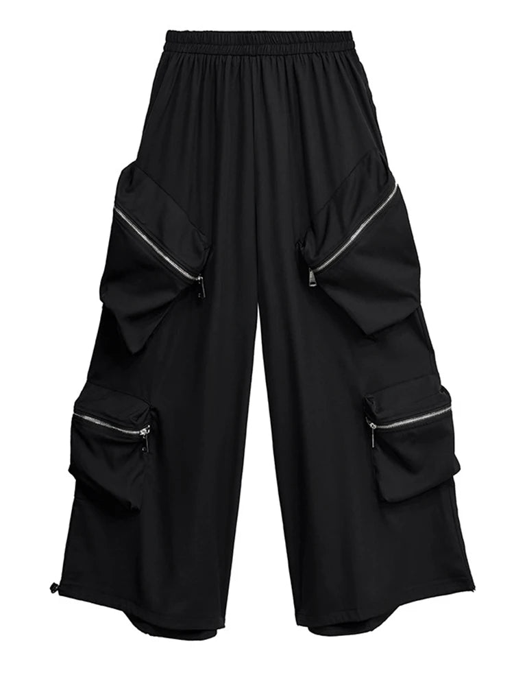 High Elastic Waist Black Zipper Pockets Shaped Wide Leg Pants New Trousers Women Fashion Tide Spring Autumn 2025  1DJ0901