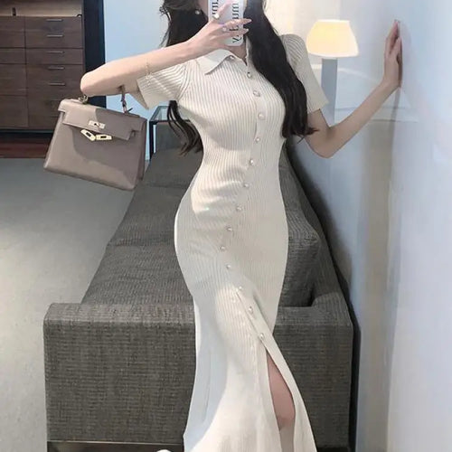 Load image into Gallery viewer, Korean Women's Black Temperament Knitted Office Lady Short Sleeve Dress Summer Beige Single Breasted Split Long Dress Simplicity
