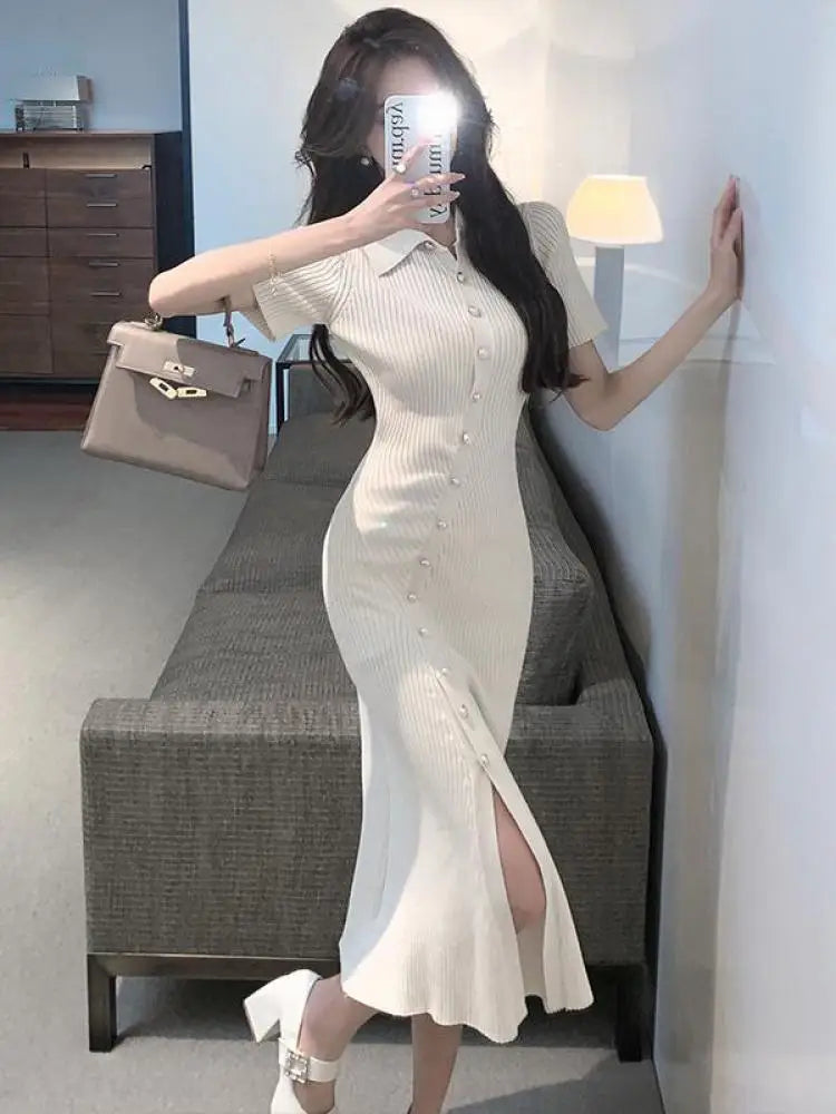 Korean Women's Black Temperament Knitted Office Lady Short Sleeve Dress Summer Beige Single Breasted Split Long Dress Simplicity