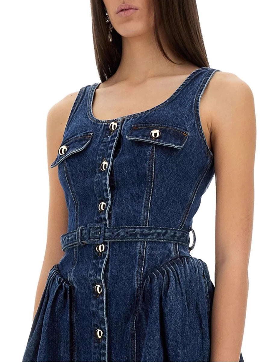 Solid Spliced Button Chic Dresses For Women Square Neck Sleeveless High Waist Temperament Slimming Dress Female New