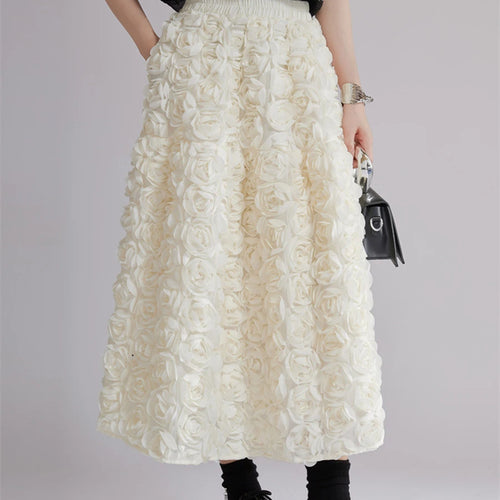 Load image into Gallery viewer, Blackwhite Hit Color Spliced 3D Flower Fashion Skirts for Women High Waist Patchwork Pockets Long Skirt Female New
