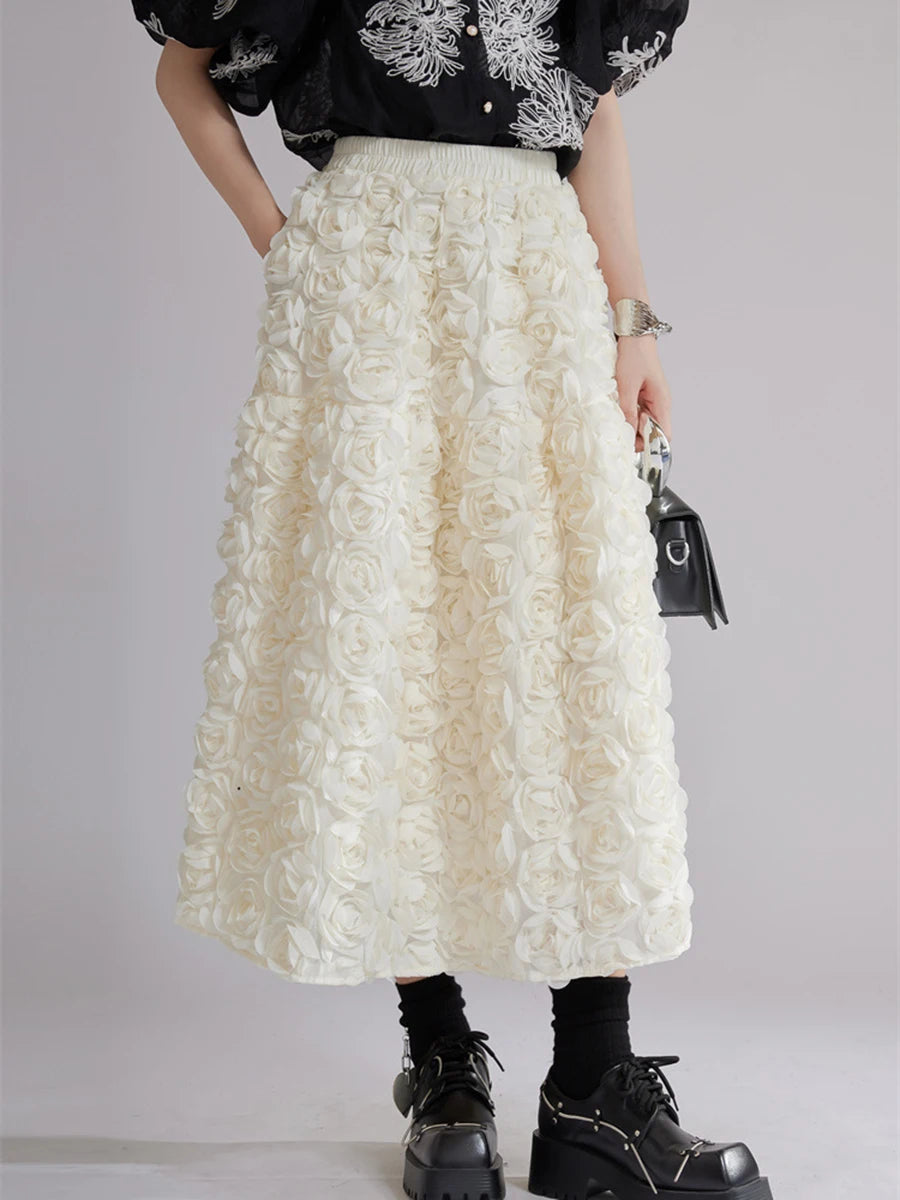 Blackwhite Hit Color Spliced 3D Flower Fashion Skirts for Women High Waist Patchwork Pockets Long Skirt Female New