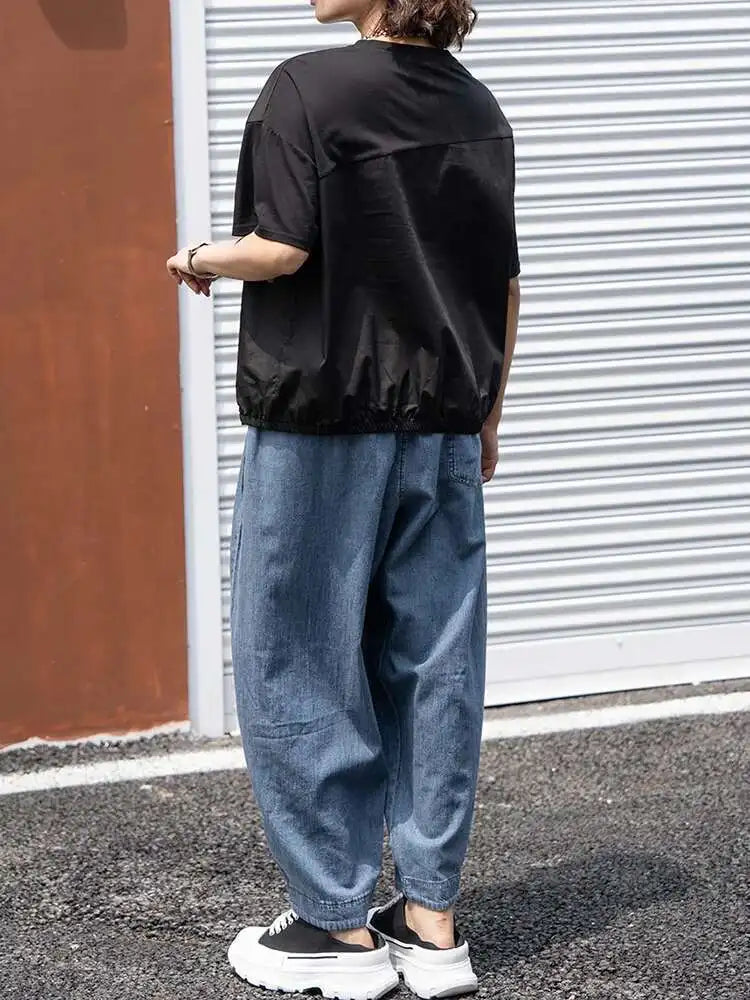 Women Black Pocket Irregular Spliced Big Size T-shirt New Round Neck Short Sleeve Fashion Tide Spring Summer 2025 1DJ0621