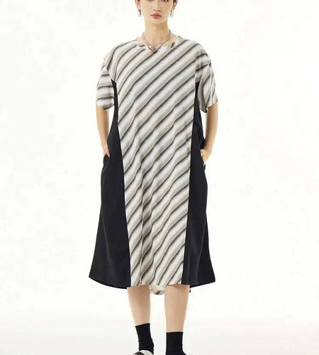 Women Purple Striped Color-block Big Size Dress New Round Neck Short Sleeve Fashion Tide Spring Summer 2025 1DH5420