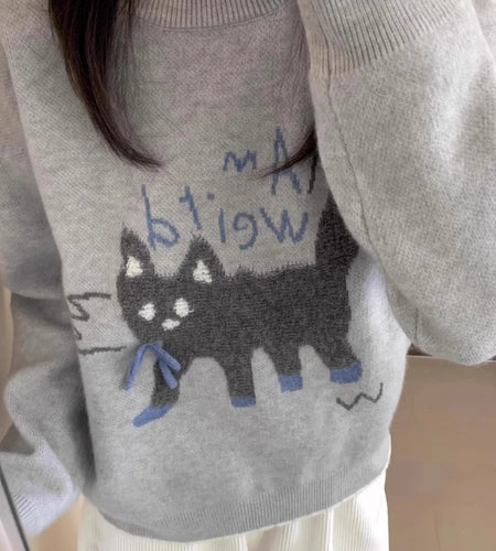 Grunge Kawaii Cute Letter Cat Jacquard Sweaters Women Y2k Aesthetic Casual Loose Bow Jumpers Winter Preppy Style Gray Pullovers