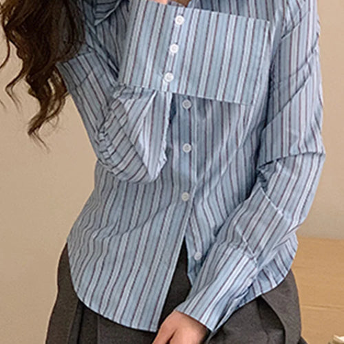 Load image into Gallery viewer, Blue Striped Slim Women Shirt Button Long Sleeve Single Breasted Female Fashion Streetwear Outfits Casual Simple Shirts
