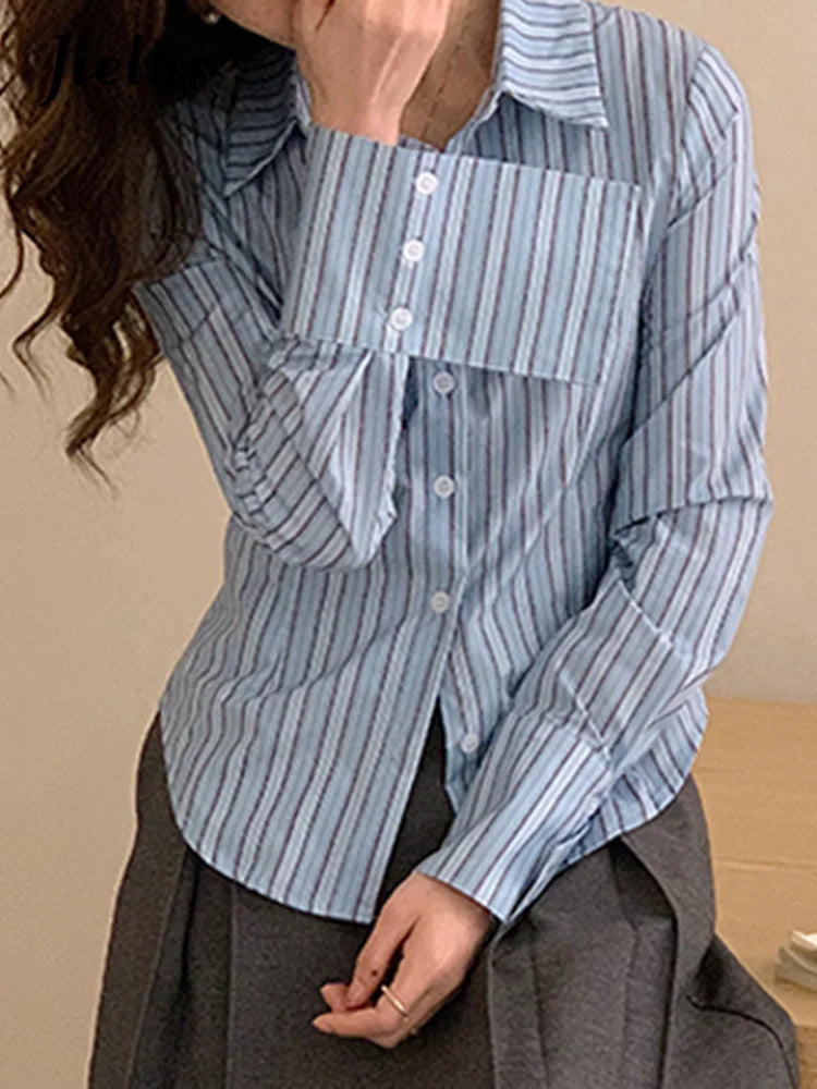 Blue Striped Slim Women Shirt Button Long Sleeve Single Breasted Female Fashion Streetwear Outfits Casual Simple Shirts