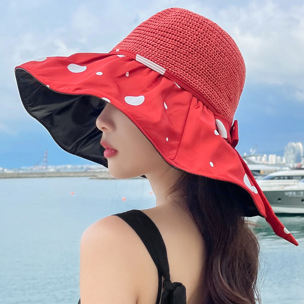 Summer Hats For Women Fashion Polka Dots Design Straw Hat High Quality Sun Protection Sun Hat Travel Beach Hat
